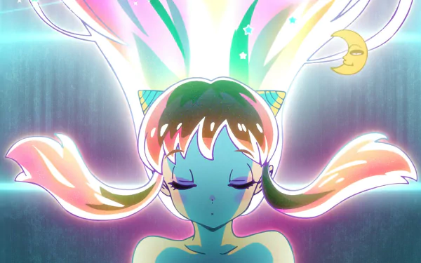 Vibrant HD PC wallpaper of Lum from Urusei Yatsura (2022), glowing with colorful spring hues and ethereal light effects, capturing the anime’s distinctive style.