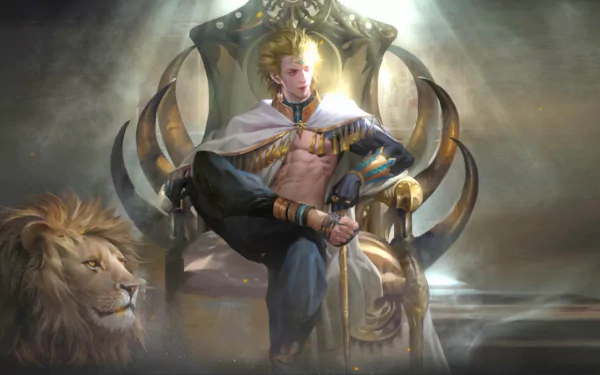 Gilgamesh from Fate Series depicted in a striking HD desktop wallpaper, radiating power and presence with a golden background.