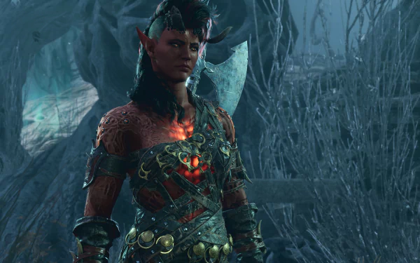 HD desktop wallpaper from Baldur's Gate 3 featuring a character in intricate armor standing in a frosty forest setting.