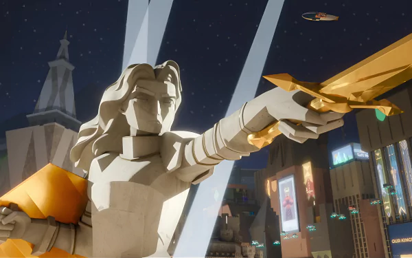 HD desktop wallpaper of a Nimona-themed scene with a statue holding a sword set against a futuristic night cityscape background.