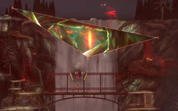 Oxenfree II: Lost Signals game scene with mystical triangular portal above a bridge for HD desktop wallpaper.