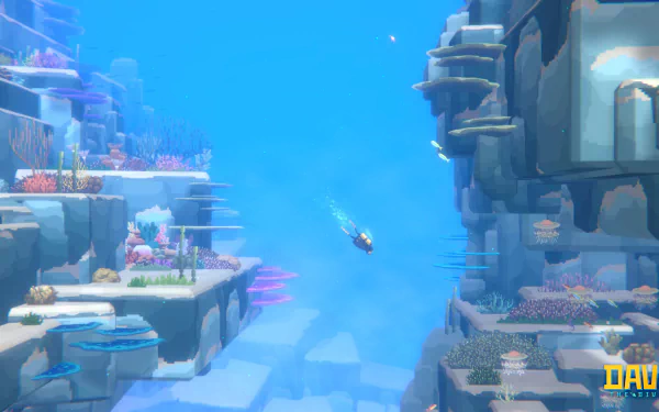 A vibrant underwater scene from the video game Dave the Diver, featuring colorful coral reefs and a diver exploring the ocean depths, designed as an HD desktop wallpaper.