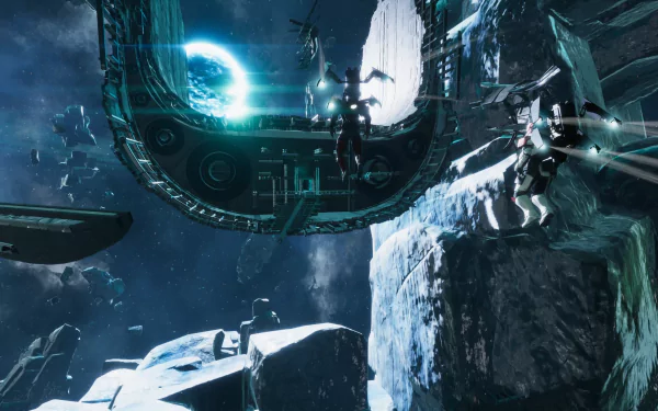 HD desktop wallpaper featuring Void Crew in a space scene with futuristic spacecraft and cosmic structures.