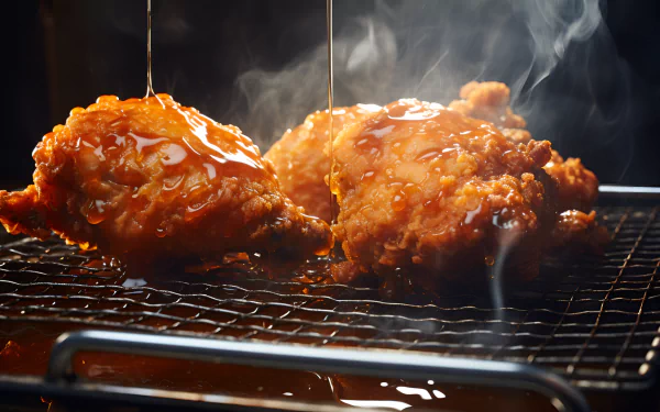 Succulent fried chicken with a crispy coating and steam rising, displayed on a wire rack for an appetizing HD desktop wallpaper background.