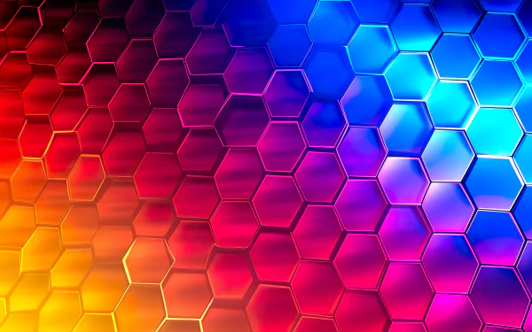 HD desktop wallpaper featuring a vibrant abstract honeycomb pattern with a gradient of red, blue, and yellow colors.