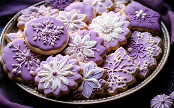 A beautiful assortment of intricately decorated sugar cookies in shades of purple and white, arranged on a decorative plate, set against a rich, dark background.
