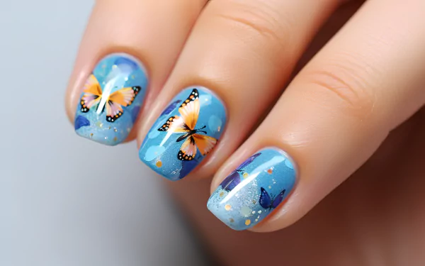 A close-up of a woman's hand showcasing vibrant summer nails with butterfly designs on a bright blue background. This HD image serves as a stylish desktop wallpaper.