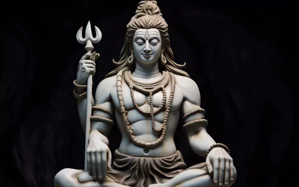 HD desktop wallpaper of a serene statue of Lord Shiva, holding a trident, adorned with rudraksha beads, against a dark background.