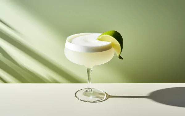 HD wallpaper featuring a frothy Daiquiri cocktail with a lime slice, elegantly presented on a sunlit surface with shadow play.