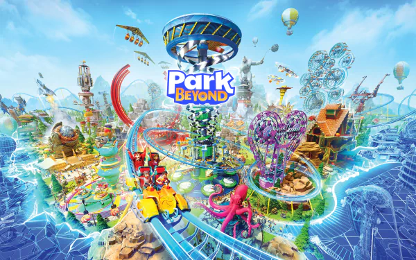 HD desktop wallpaper of Park Beyond video game featuring a vibrant and colorful theme park scene with various imaginative attractions and rides.