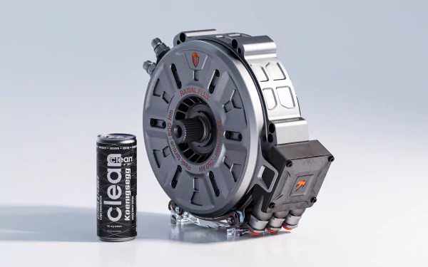 HD wallpaper of a Koenigsegg vehicle brake assembly next to a can of clear liquid, presented on a sleek, light background.