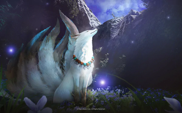 HD desktop wallpaper from Black Desert Online featuring a mythical white fox with large ears adorned with a floral necklace, set against a mountainous backdrop under a starry sky.