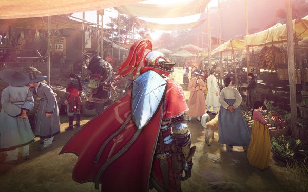 HD wallpaper featuring an armored character from Black Desert Online exploring a vibrant marketplace.
