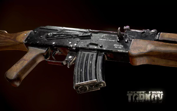 HD wallpaper featuring a detailed image of an AK-74 rifle from the video game Escape from Tarkov, set against a dark brown background.
