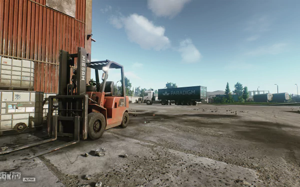 HD desktop wallpaper of a scene from the video game Escape from Tarkov, featuring an industrial area with a forklift and shipping containers.