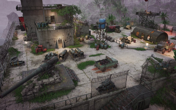 HD desktop wallpaper of Jagged Alliance 3 featuring a detailed military base with vehicles and equipment.