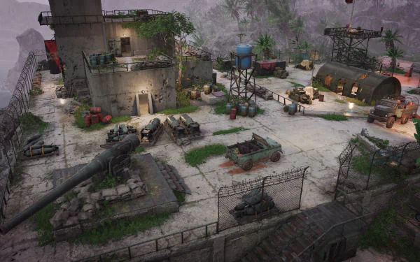 HD wallpaper for Jagged Alliance 3 featuring a detailed military base scene with vehicles, a bunker, and atmospheric lighting.