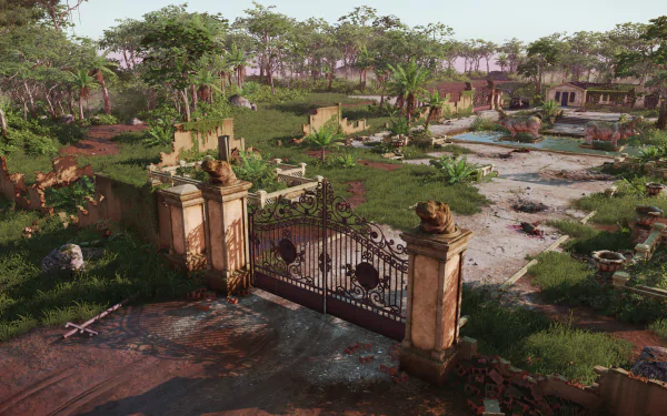 HD desktop wallpaper featuring a scene from Jagged Alliance 3, showing a dilapidated gate opening to a war-torn landscape.