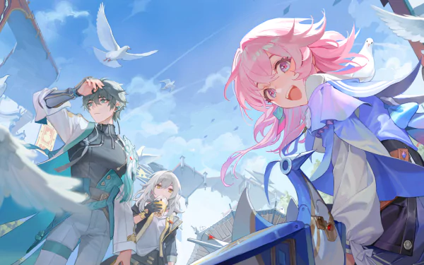HD PC desktop wallpaper for Honkai: Star Rail video game showing Dan Heng and March 7th on a bright ship deck with seagulls and blue skies.