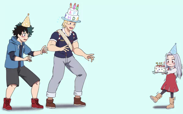 HD PC wallpaper featuring Eri, Mirio Togata, and Izuku Midoriya from the anime My Hero Academia celebrating a birthday with cake and party hats.