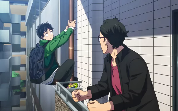 HD wallpaper of Akira Tendo from Zom 100: Bucket List of the Dead, showing him climbing a pipe, meeting another character.