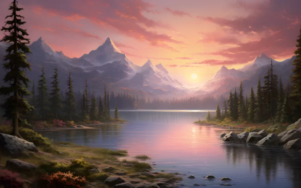 HD wallpaper of a serene forest scene with a river reflecting a vivid sunset behind snow-capped mountains, enhancing any desktop background.