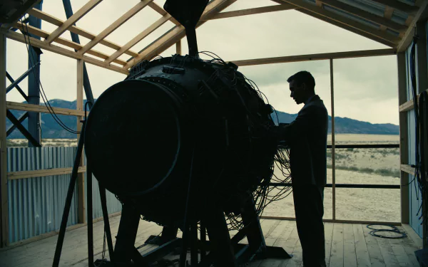 Silhouette of a man resembling an actor, standing next to a large scientific apparatus in a wooden structure, with mountains in the background, as a cinematic HD desktop wallpaper.