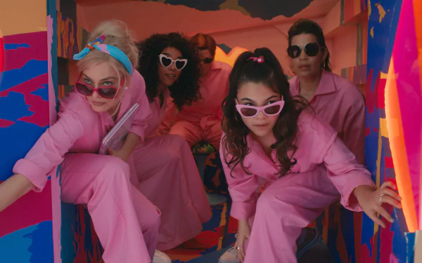 A colorful scene from the 2023 movie Barbie, showcasing Ariana Greenblatt, Alexandra Shipp, Margot Robbie, and America Ferrera in vibrant pink outfits and stylish sunglasses.