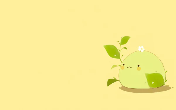 HD desktop wallpaper featuring a cute and artistic kawaii-style round green creature with leaves and a flower on a soft yellow background.