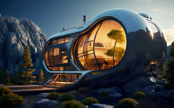 HD wallpaper of a sleek, futuristic tiny house with large glass windows nestled among mountains at dusk.