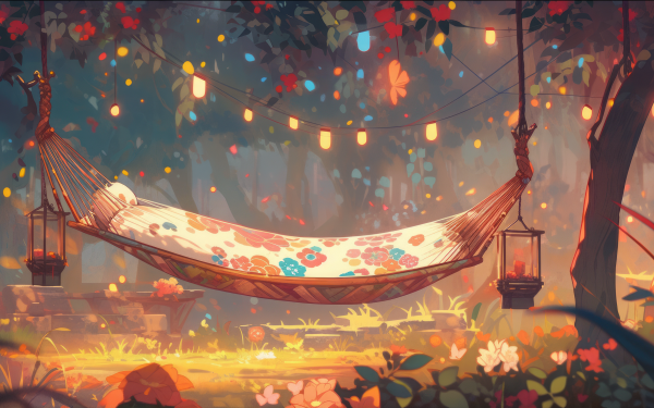 Enchanting HD desktop wallpaper featuring an AI art-inspired hammock surrounded by a serene, colorful forest setting with hanging lanterns.