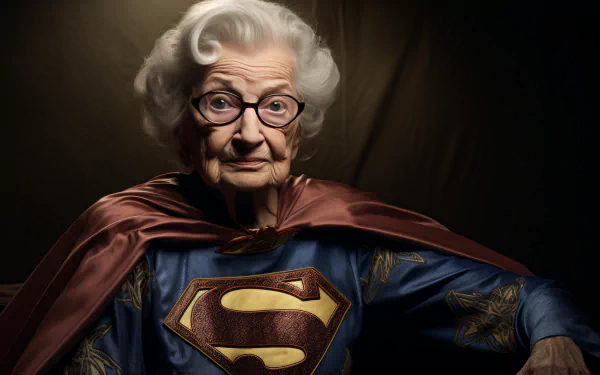 AI-generated art of a grandmother dressed as Superman, designed for use as an HD desktop wallpaper and background.