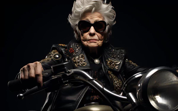 A striking HD wallpaper featuring a bold grandmother with white hair and sunglasses, confidently posed on a motorcycle, exuding strength and style against a dark background.
