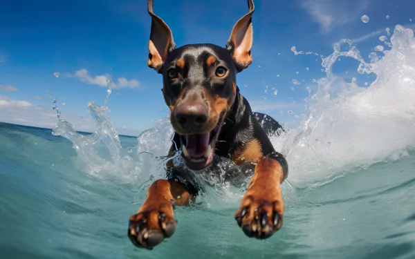HD wallpaper of a Doberman Pinscher swimming through blue ocean waves, seen in a dynamic, close-up shot.