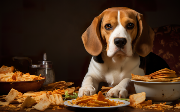 HD desktop wallpaper featuring a Beagle dog surrounded by snacks, perfect for animal lover backgrounds.