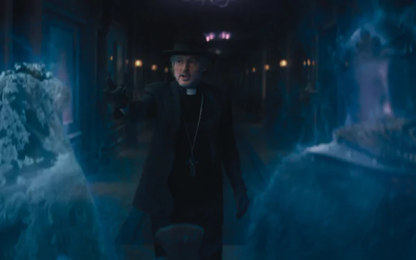 HD wallpaper of a scene from Haunted Mansion featuring a character portrayed by an actor in a priest outfit, reaching out amidst eerie ghostly figures and a dark, atmospheric hallway.