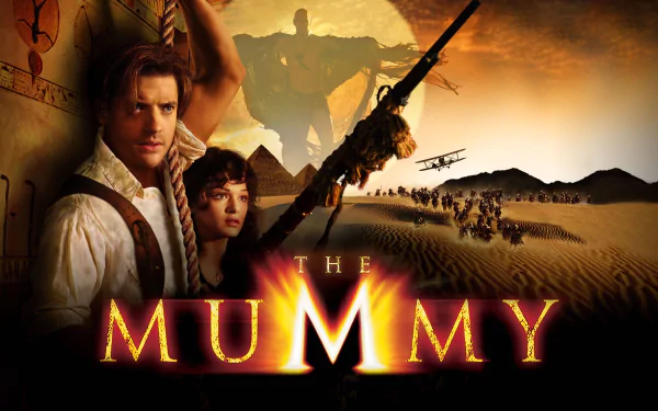 HD PC desktop wallpaper featuring key characters and desert scenes from the 1999 movie The Mummy, showcasing its adventurous and supernatural themes.