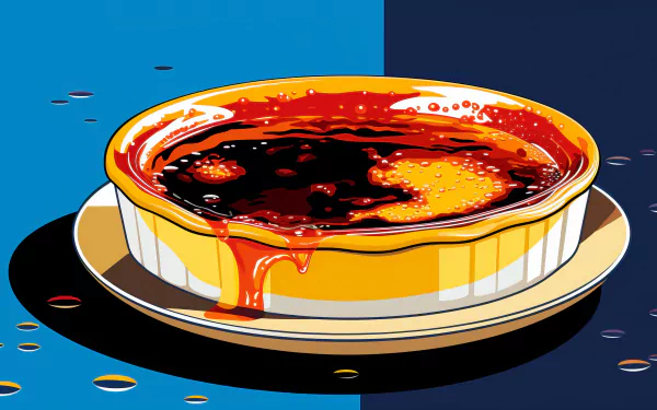 HD desktop wallpaper featuring a vibrant illustration of a delicious Crème Brûlée with a glossy caramelized top, set against a contrasting blue background.