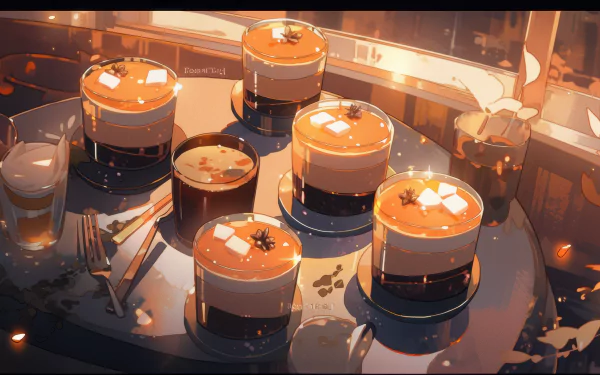 A visually rich HD wallpaper featuring delicious crème brûlée desserts, beautifully arranged with a warm glow, capturing the essence of indulgent dining.