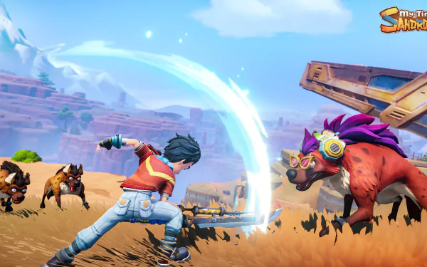 HD desktop wallpaper from My Time at Sandrock featuring a character battling desert creatures in a vibrant, animated game environment.