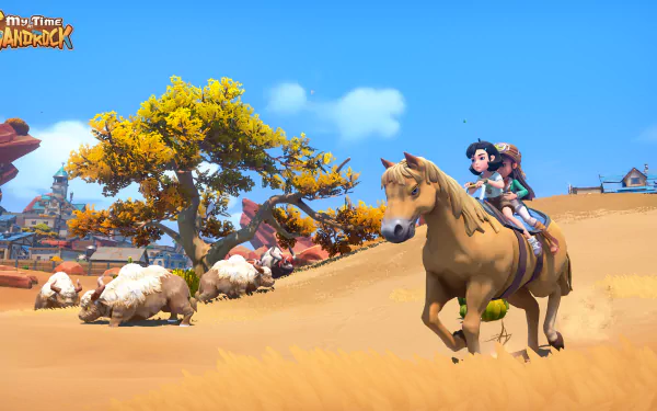 HD desktop wallpaper of My Time at Sandrock featuring a character riding a horse across a vibrant desert landscape with trees and roaming sheep.