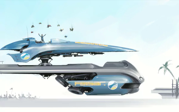 HD desktop wallpaper featuring anti-gravity racing ships from the video game Wipeout Omega Collection, set against a minimalist backdrop with palm trees.