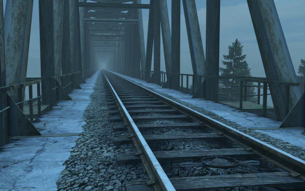 HD PC desktop wallpaper from the video game DayZ, featuring a foggy railway bridge stretching into the distance with a cold, desolate atmosphere.