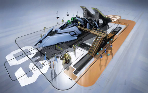 HD desktop wallpaper from Wipeout Omega Collection featuring a futuristic racing craft on a launch pad with crew members around.