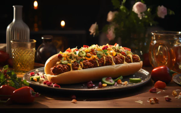 HD desktop wallpaper featuring a delicious chili dog topped with fresh garnishes on a stylish dark plate, set against a warm, dimly-lit background with ambient dining decor.