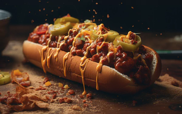 HD desktop wallpaper featuring a delicious chili dog topped with cheese and jalapeños on a rustic wooden table.
