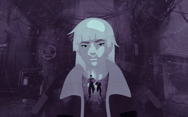 HD desktop wallpaper from the video game Starfield, featuring an artistic representation of a character with a futuristic background in violet tones.