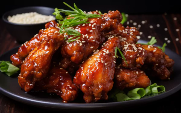 A close-up of delicious chicken wings coated in a vibrant sauce, garnished with sesame seeds and fresh herbs, set on a black plate. Perfect HD desktop wallpaper for food lovers.