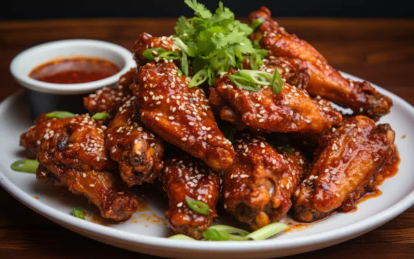 A tempting platter of chicken wings, glazed and sprinkled with sesame seeds, garnished with green onions and cilantro, served with dipping sauce. A vibrant food wallpaper for screen backgrounds.