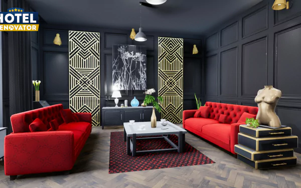 HD desktop wallpaper from Hotel Renovator video game showcasing a stylish hotel lounge with red sofas, sleek decor, and a prominent game logo.